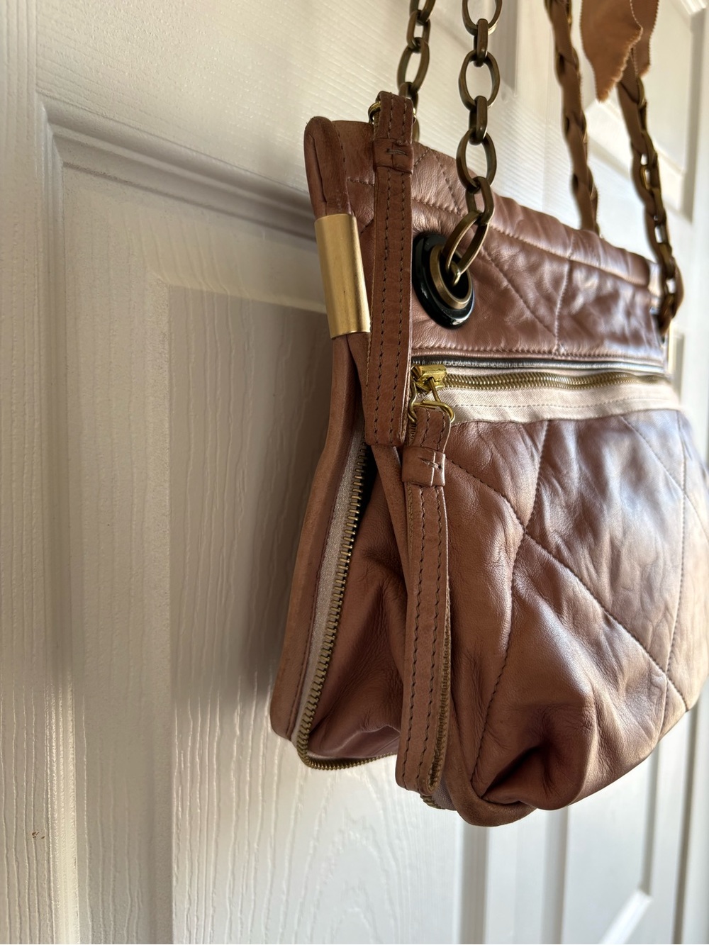 Lanvin Amalia Taupe Tan Lambskin Leather Quilted Chain Shoulder Bag Academia - Picture 3 of 14